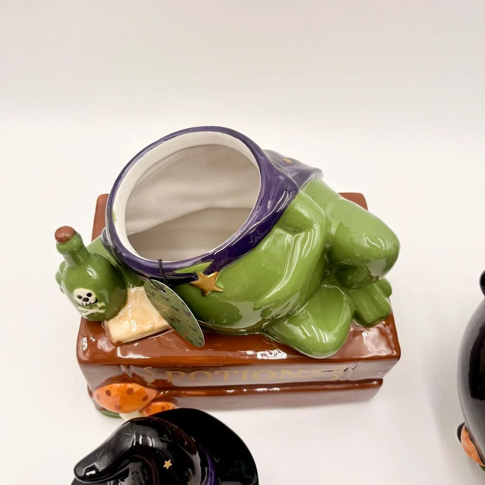 Haunted Halloween Ceramic Witch Frog Cookie Jar and Cauldron Candy Dish Set NEW